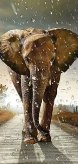 Majestic elephant walking through rain on a scenic path.