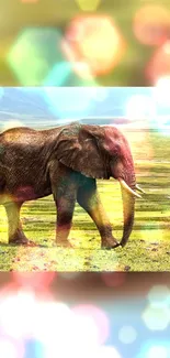 Vibrant wallpaper of an elephant in a colorful landscape.