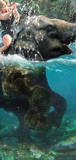 Woman riding elephant underwater in vibrant scenery.