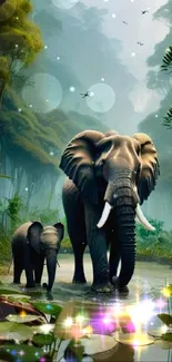 Elephants walking in a lush green jungle with a tranquil forest backdrop.