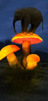 Elephant standing on glowing mushrooms at night.