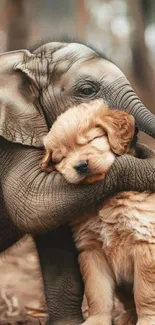 An elephant gently hugging a puppy.