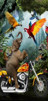 Elephant on motorcycle amidst colorful jungle with parrots.