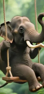 Elephant swinging in jungle with lush green background.