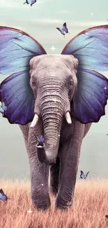 Elephant with butterfly wings surrounded by blue butterflies.