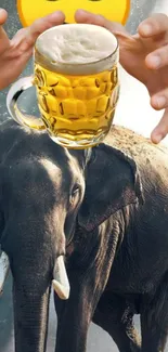 Surreal wallpaper featuring an elephant with a beer mug and creative hands.