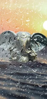 Elephant artwork with raindrops against a sunset on a mobile wallpaper.