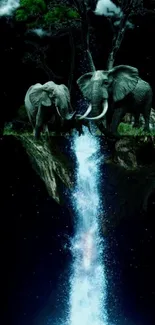 Surreal scene with elephants atop a waterfall illuminate the night sky.