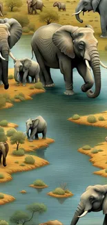 Elephants gather by a tranquil river in a serene nature wallpaper.