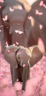 Baby elephants with pink butterflies and flowers mobile wallpaper.