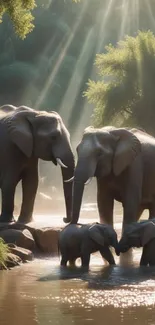 A family of elephants in sunlight by a forest stream.