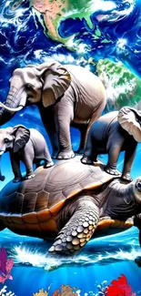 Elephants stand on a turtle beneath Earth.