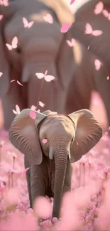 Baby elephant and pink butterflies in a serene natural setting.