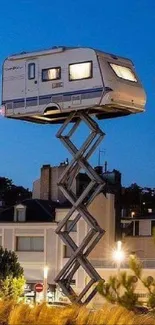 Elevated caravan in urban cityscape at dusk, showcasing unique architecture.