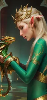 Elf princess with dragon, wearing a crown in a fantasy setting.