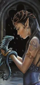 Elf holds a baby dragon in a mystical scene.