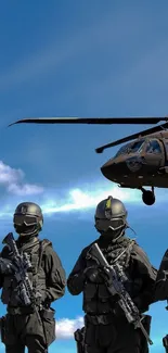 Elite soldiers with a helicopter in a blue sky scene.