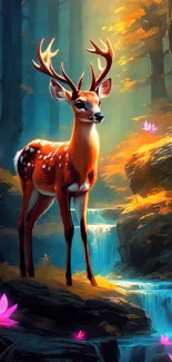 Majestic deer standing in a mystical forest with glowing lotus flowers.