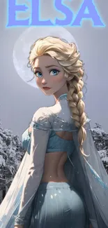 Elsa in a snowy landscape under the moonlight with a serene expression.