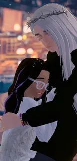 Anime-style characters sharing a heartfelt embrace in a city setting.