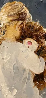 Impressionistic painting of a girl with a teddy bear in warm colors.