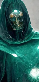 Emerald-clad figure with glowing hood in mysterious wallpaper.