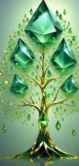 Emerald crystal tree with artistic design on a luminous green background.