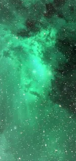 Emerald green nebula with stars in space.