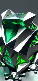 Emerald green geometric frog with silver accents on a mobile wallpaper.