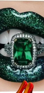 Emerald lips with gemstone ring wallpaper