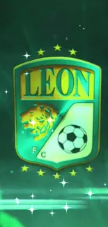 Emerald green soccer emblem with lion and ball on vibrant background.