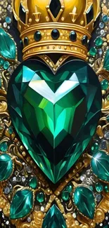 Emerald heart with a golden crown and jewels.