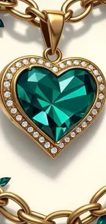 Emerald heart pendant with gold chain design.