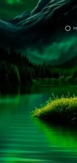 Emerald green mountain lake with forest and misty sky.