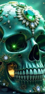 Emerald skull with jewels on a fantasy wallpaper.