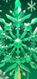 Emerald green geometric snowflake digital wallpaper with a winter theme.