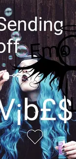 Blue-haired person blowing bubbles with an emo vibe theme.