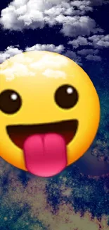 Playful tongue-out emoji against a dark starry sky background.