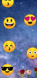 Vibrant emoji wallpaper on starry sky background.