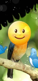 Whimsical mobile wallpaper with an emoji-faced bird in nature.