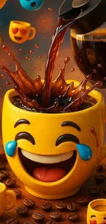 Playful coffee splash in emoji cup wallpaper with vibrant emojis.