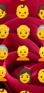 Colorful emoji faces on a red rose background.