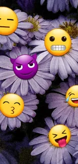 Playful emojis on purple daisy flowers wallpaper for mobile.