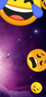 A galaxy-themed wallpaper with expressive emojis on a cosmic background.