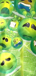 Playful green leaf wallpaper with expressive cartoon emojis.