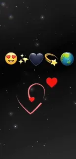 Emoji hearts and stars in space-themed wallpaper.