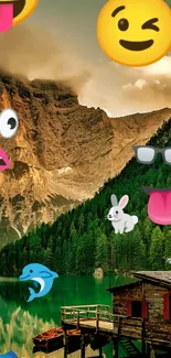 Colorful emojis over mountain lake and cabin scene.