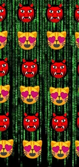 Vibrant emoji wallpaper with matrix code design.