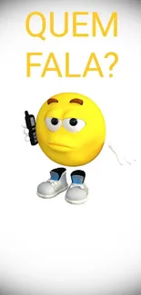 Funny yellow emoji with phone on wallpaper background.