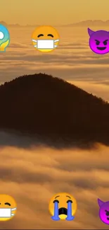 Sunset over mountains with floating emojis.